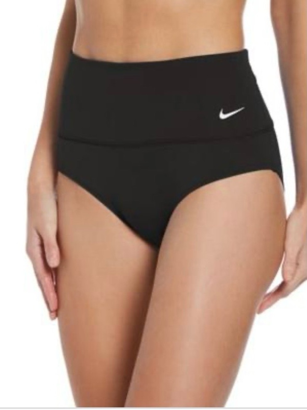 Nike Black High-Waist Banded Women's Swim Bottoms with White Swoosh